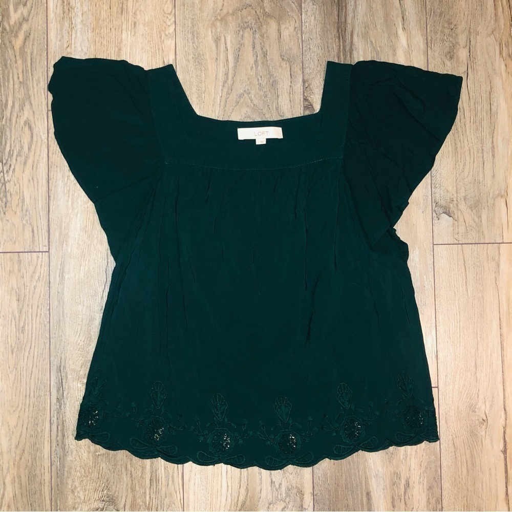 LOFT Dark Emerald Green Ruffle Sleeve Square Neck Embroidered Blouse Top Size S - Picture 11 of 11